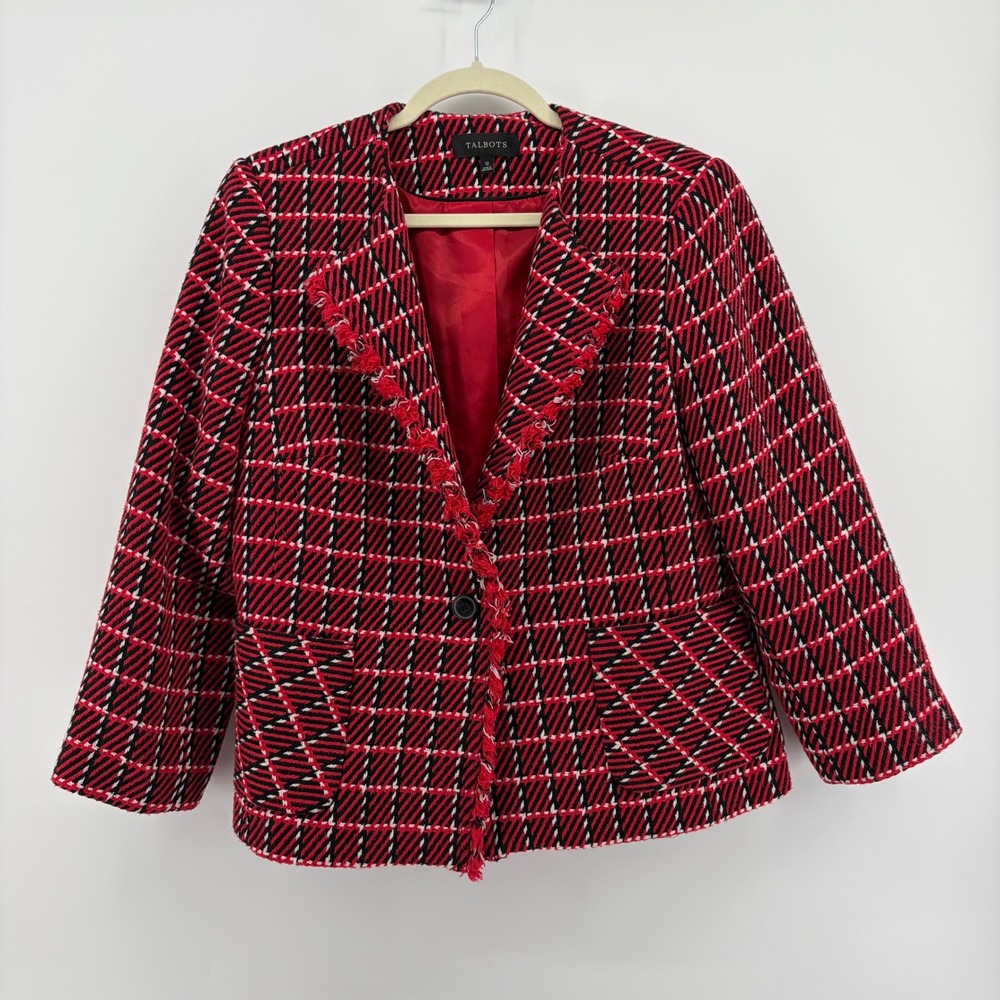 Talbots‎ Womens Blazer Jacket Red Black White Plaid Tweed Fringe Size 12